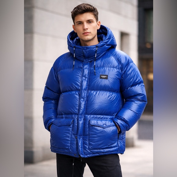 HOMME+ Vancouver Blue Down Puffer Jacket — Detachable Hood, Zip & Snap Front - Picture 2 of 11
